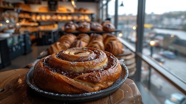   A photo of a close-up pastry on a plate on a table surrounded by an array of baked goods