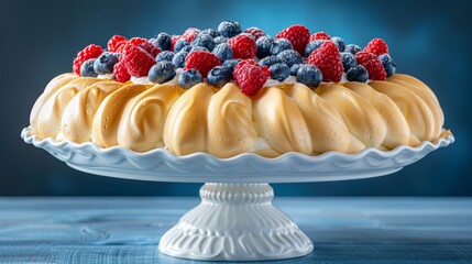   A white cake stands on a blue table, topped with a cake adorned with berries and blueberries