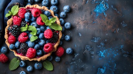   A pie filled with berries - blueberries and raspberries - rests on a black table against a blue...
