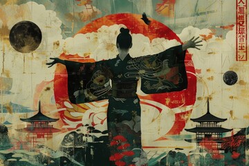 Painting of a woman with arms extended outward, A digital collage incorporating traditional Japanese motifs and Ju Jitsu symbols