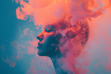 Portrait of person with their head surrounded by ethereal smoke with a strong red light illuminating the smoke and head