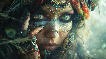 Close up portrait of a mystical woman with green eyes and spiritual and exotic clothing