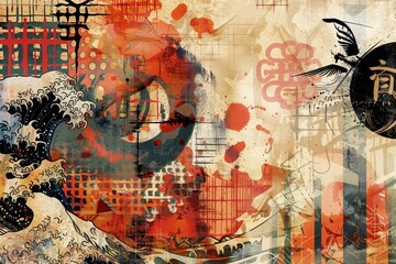 A painting showing a bird soaring above a crashing wave, A digital collage incorporating traditional Japanese motifs and Ju Jitsu symbols