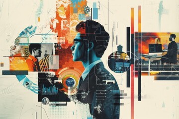 Obraz premium A digital collage featuring a man wearing a suit and tie, A digital collage inspired by the innovative work culture of a top tech company