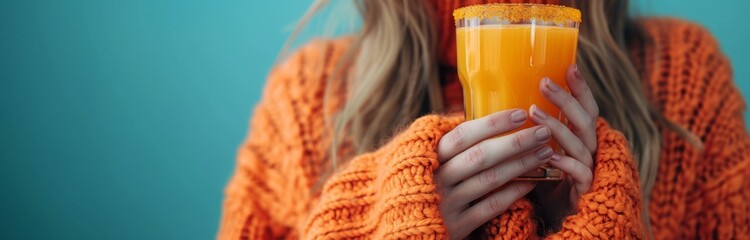 Woman holding orange juice wearing winter scarf. Close-up photography. Seasonal health and wellness...