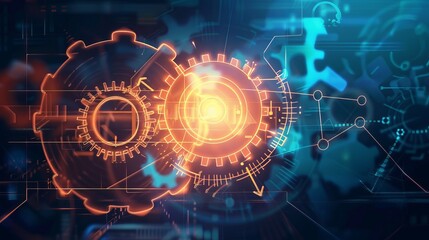 Illustration of cog gear wheels with arrows symbolizing process management, optimization, and operational strategy in the industry, set against a technology-themed background.