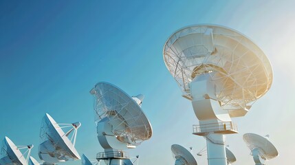 Futuristic Satellite Dishes Pointing Skyward. Modern Data Communications Technology. Global Network Concept. Clear Blue Sky. AI