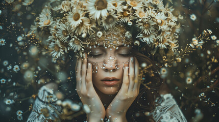 portrait of a woman with a daisy headdress and her hands holding her face with daisies floating in the air