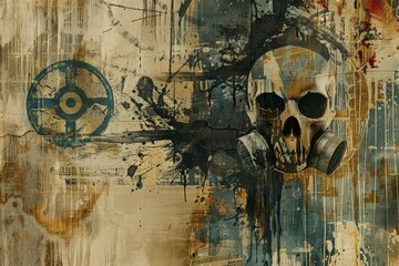 Digital painting of a skull adorned with a gas mask, creating a haunting and ominous atmosphere, A digital collage of eerie symbols and sinister imagery representing chemical warfare