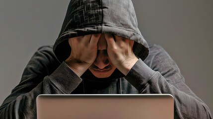 Hooded figure in despair facing a laptop, emotional stress and technology concept, modern life challenges. AI