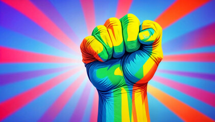 Rainbow-colored hand with a fist raised up. Gay Pride. LGBT concept. Realistic style vector colorful illustration created with generative ai	