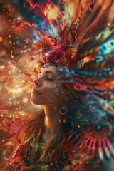 Woman with an exotic spiritual and exotic headdress and clothes with ethereal energy flowing around her