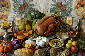 A table adorned with a turkey as the centerpiece, surrounded by various fruits and vegetables in a festive display, A digital collage of traditional Yom Kippur foods and rituals