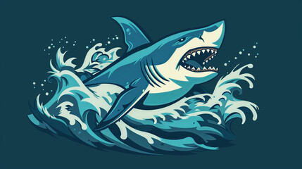 A fierce and determined shark mascot logo, swimming through waves with jaws ready to strike, symbolizing power and resilience, Mascot Logo, Animals