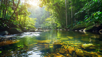 Untouched Natural Forest Scene with Clear Stream and Vibrant Wildlife