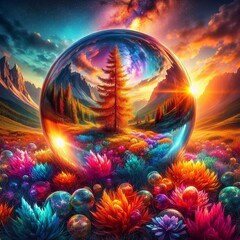 Scenery at sunset glass ball with tree