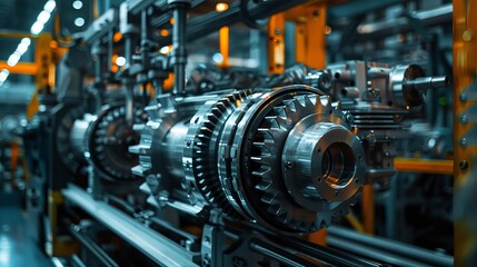Fototapeta premium Industrial background featuring engine gear wheels, evoking the essence of mechanical machinery and manufacturing processes.