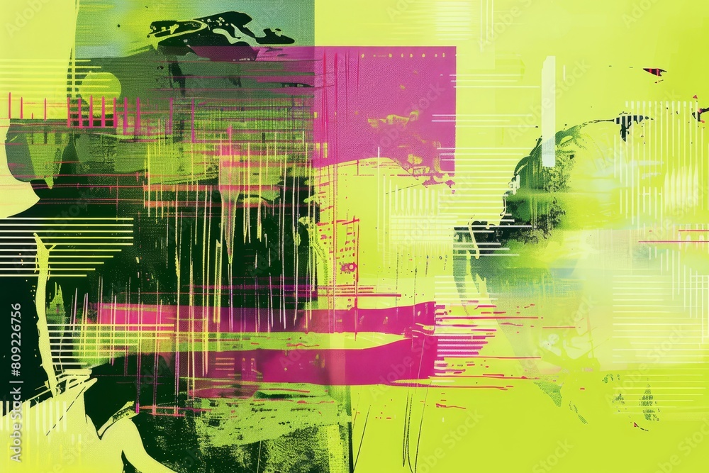 Poster an abstract painting portraying a mans face with distorted features and colors, a digital glitch art