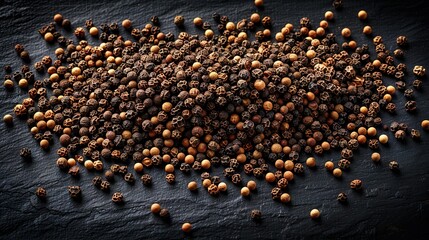Fototapeta premium A black pepper-topped black counter is adjacent to another pile of black pepper on the same surface