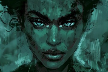Close-up view of a womans piercing blue eyes, A digital drawing of a woman with piercing eyes and a strong presence