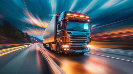 Cargo truck running on the city highway at night in full speed. In the style of long exposure motion blur
