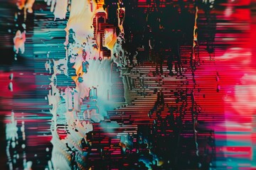 An abstract painting featuring a myriad of bright and varied colors creating a dynamic and lively composition, A digital glitch effect that appears like static on a TV screen