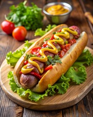 Hot dog with salad, mustard, tomato sauce