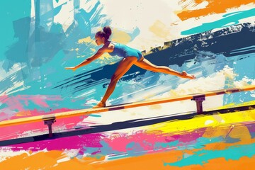 A digital painting of a female gymnast gracefully balancing on a balance beam in a gymnastics routine, A digital illustration of a female gymnast practicing on the balance beam