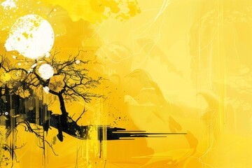 Digital illustration of a tree with vibrant yellow background, A digital illustration showcasing a yellow background with digital effects