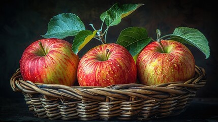   Three apples in a woven basket, one with green leaves on top