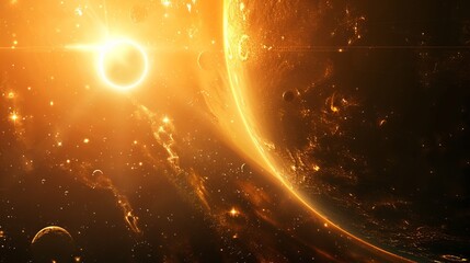 Abstract planets, sun, and space background. national asteroid day