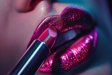 Expert Application of Vibrant Red Lipstick on Perfect Lips