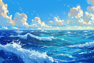 Painting depicting a blue ocean under white clouds, conveying a serene atmosphere, A digital interpretation of a tranquil blue ocean scene with gentle waves against a vibrant blue background