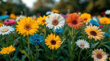   A field adorned with various hued blossoms, framed by verdant trees