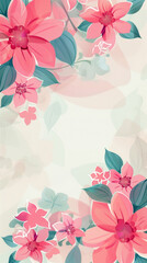 A background filled with pink flowers and lush green leaves creating a vibrant botanical scene.
