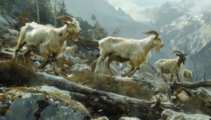 Herd of wild goats roaming in a rugged mountain landscape