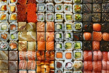 Various sushi rolls with different fillings and toppings are neatly arranged in a colorful display, A digital mosaic of various sushi toppings and fillings