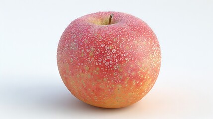   Red apple with yellow spots on one side and a green stem emerging from the center