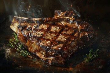 A piece of steak grilled to perfection served on a plate with a garnish of fresh rosemary, A digital painting of a charcoal-grilled dry-aged porterhouse