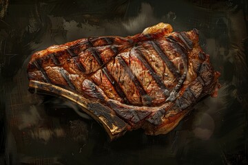 A piece of meat sizzling on a black surface, showcasing a charcoal-grilled dry-aged beef steak, A digital painting of a charcoal-grilled dry-aged porterhouse