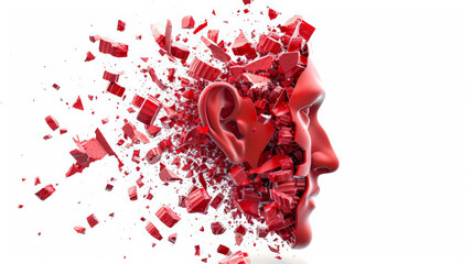 Noise pollution concept with a shattered eardrum illustration, vibrant red against white background 