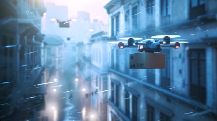 Futuristic drone flying over urban landscape, delivering package. High-tech delivery service, cityscape drone photography. Modern technology in urban delivery. AI
