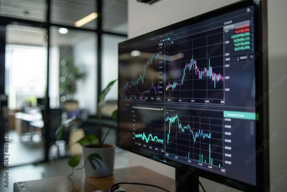 Poster a computer monitor displaying a detailed stock chart graph with various data points and trends, a di