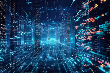 Fototapeta premium A city illuminated by neon lights, creating a vibrant and energetic skyline brimming with color and activity, A digital skyline filled with data streams and information networks