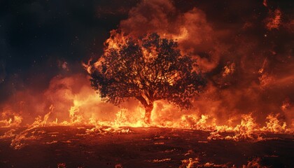 Lone tree engulfed in flames during a severe wildfire event