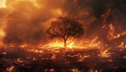 Solitary tree standing amidst a fiery landscape under a smoke-filled sky
