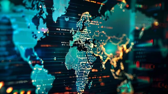 Program code lines and world map on a futuristic screen