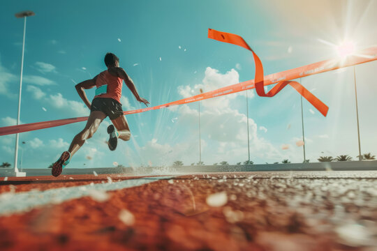 Athletic Victory as Runner Breaks Finish Line Tape in Dynamic Race Moment