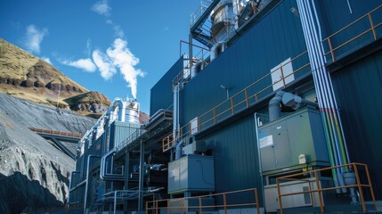 a geothermal power plant, its colossal pipes and towering high-voltage lines standing boldly against the canvas of a clear blue sky.