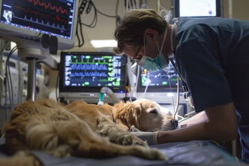 Veterinarian Providing Intensive Care to a Tranquilized Dog in a Clinic